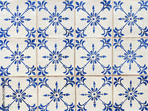 Wet ceramic tilework with rain drops and blue flowers - Mosaic