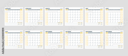 Calendar template for 2019 year. Set of 12 months. January, February, March, April, May, June, July, August, September, October, November, December. Stationery design