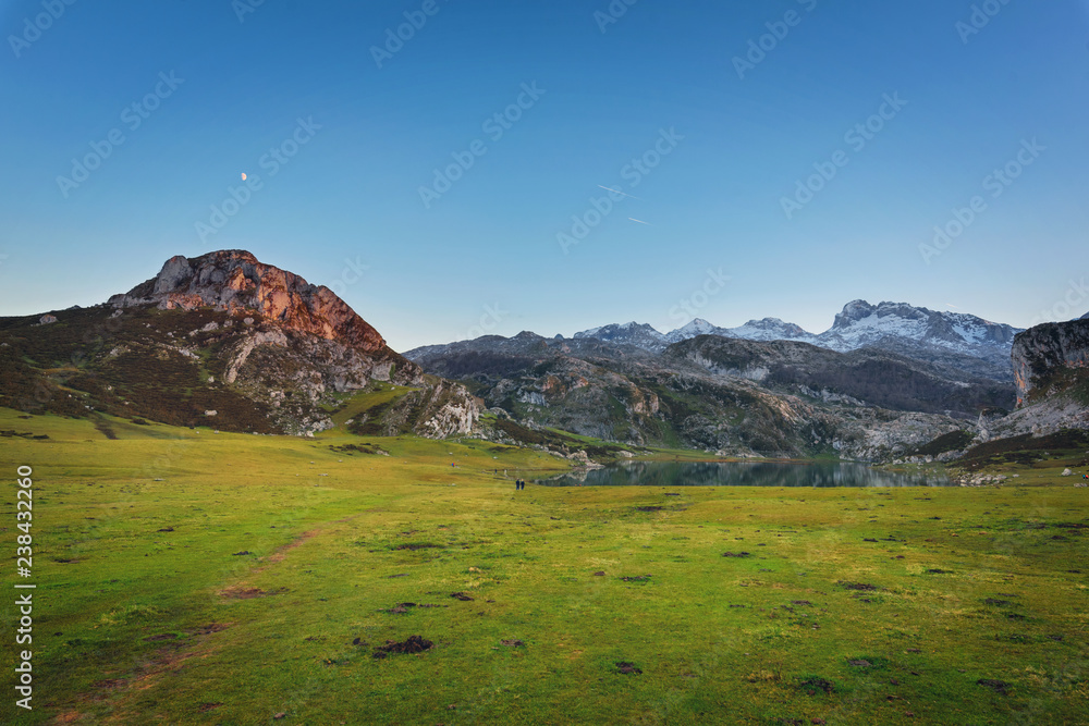 Covadonga lakes landscape at dusk, Asturias Spain.