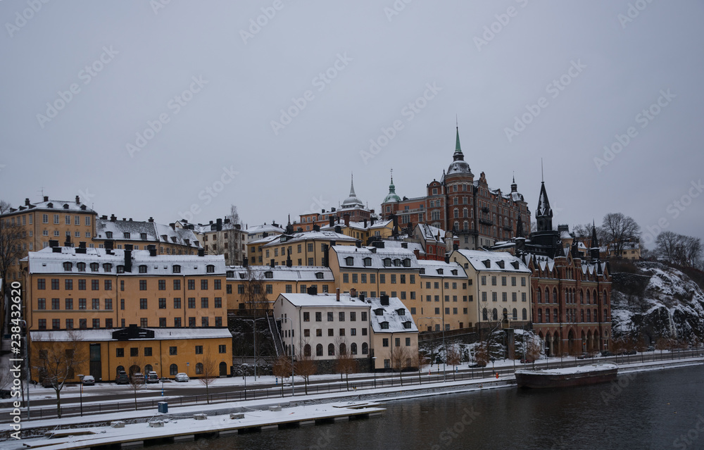 Old houses at Södermalm in Stockholm a snowy winterday