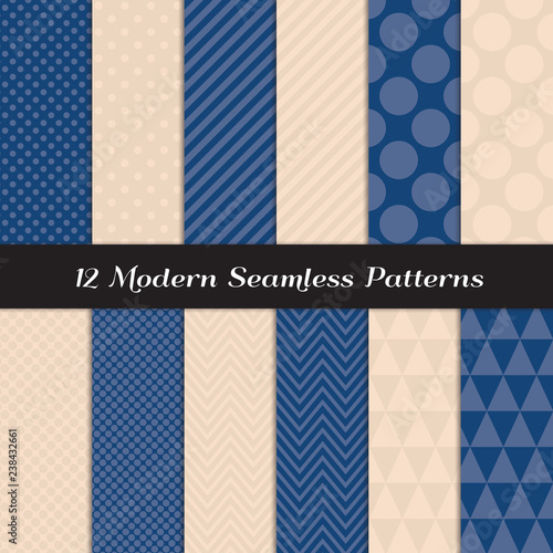 Geometric Vector Patterns in Beige Pink and Navy Blue. Pastel Color Chevron, Stripes, Triangles and Polka Dots Prints. Repeating Pattern Tile Swatches Included.