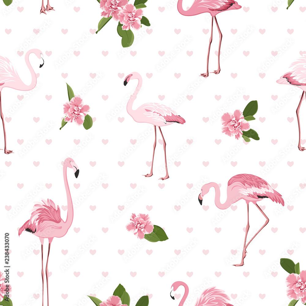 Obraz premium Pink exotic flamingo birds, bright tropical camelia flowers, green leaves and hearts on white background. Stylish seamless pattern for fashion, fabric, textile, decoration. Vector design illustration.