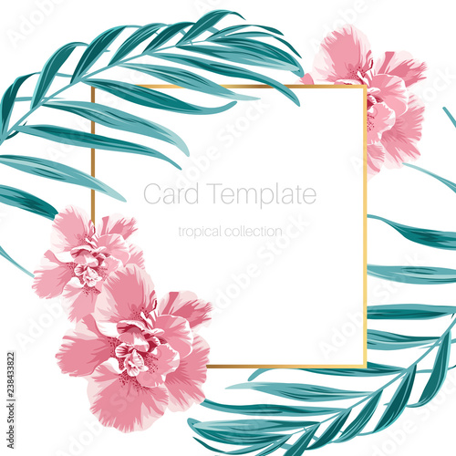 Canvas-taulu Exotic camelia flowers and green tropical jungle palm tree leaves