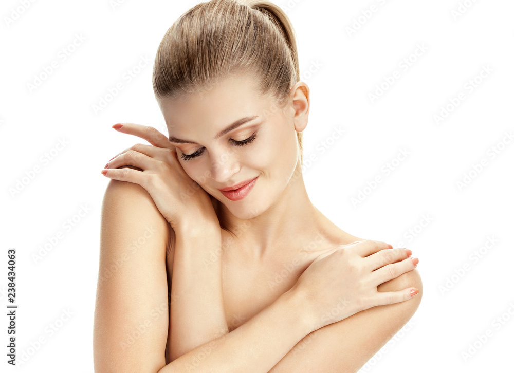 Pretty woman with healthy skin on white background. Youth and skin care concept Pretty woman with healthy skin on white background. Youth and skin care concept