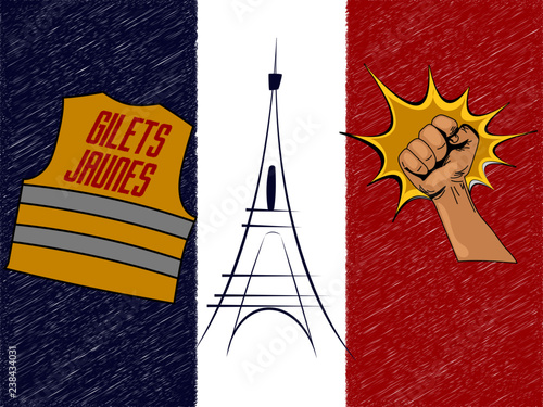 Protests of yellow vests in France. Suitable for news on Gilets Jaunes. Vector illustration of events taking place in France.