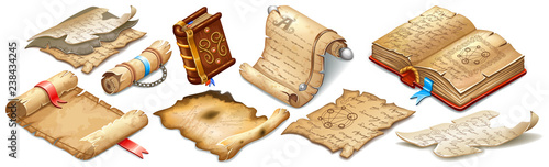 Set isometric books of magic spells and witchcraft, royal scrolls and parchments, old sheets of paper for computer game. Fairy tale icon in cartoon style. Isolated 3d vector illustration.