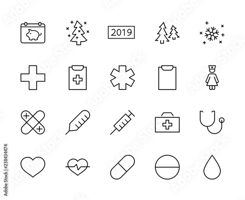 Set of medicine vector line icons. It contains the first aid kit, nurse, syringe, thermometer, plastic, pills, heart, drop of blood, palpitation and much more. Editable move. 32x32 pixels.