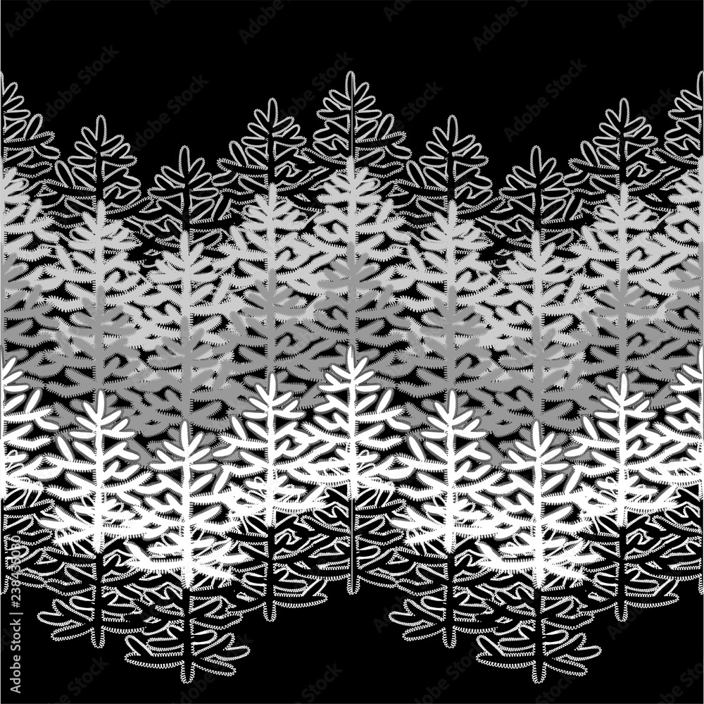 Monochrome horizontal seamless pattern with Christmas trees on black.