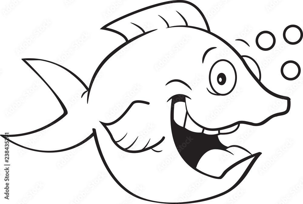 Naklejka premium Czarno-biały ilustracja szczęśliwej ryby z bąbelkami.