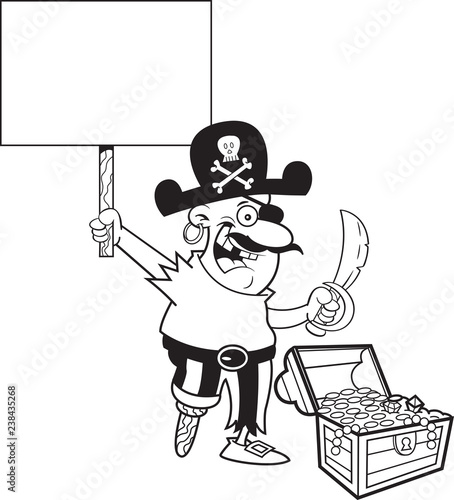 Black and white illustration of a pirate holding a sign standing next to a treasure chest.