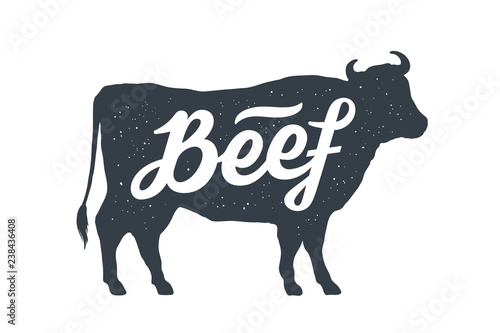 Cow, bull, beef. Vintage lettering, retro print, poster