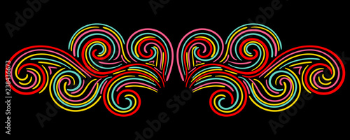 Colorful abstract curly element for design, swirl, curl. Divider, frame isolated on dark background. Vector illustration.