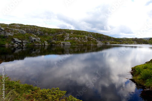 lake with reflection on top of a mountain