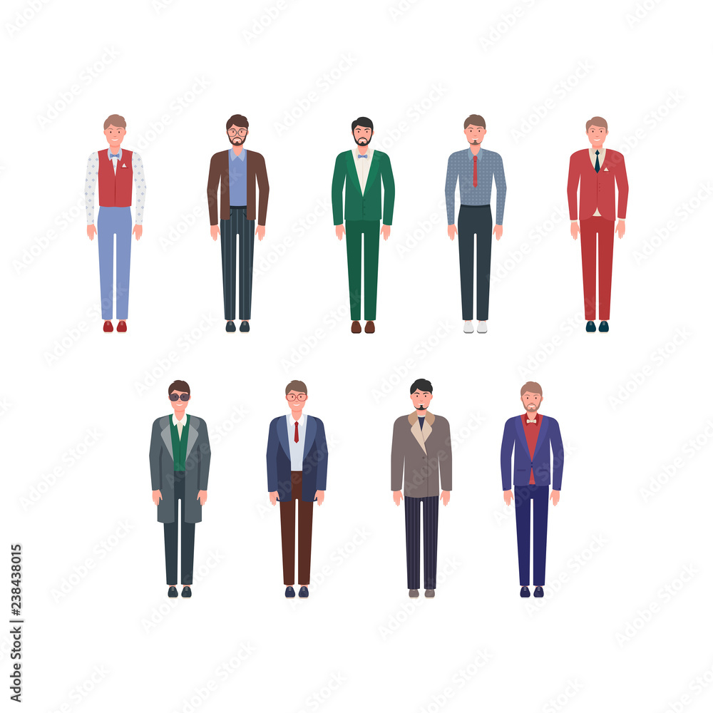 Set of handsome young men in classic elegant clothes and suits. Men in colored beautiful clothes. Set of handsome young men in classic elegant clothes and suits. Men in colored beautiful clothes.