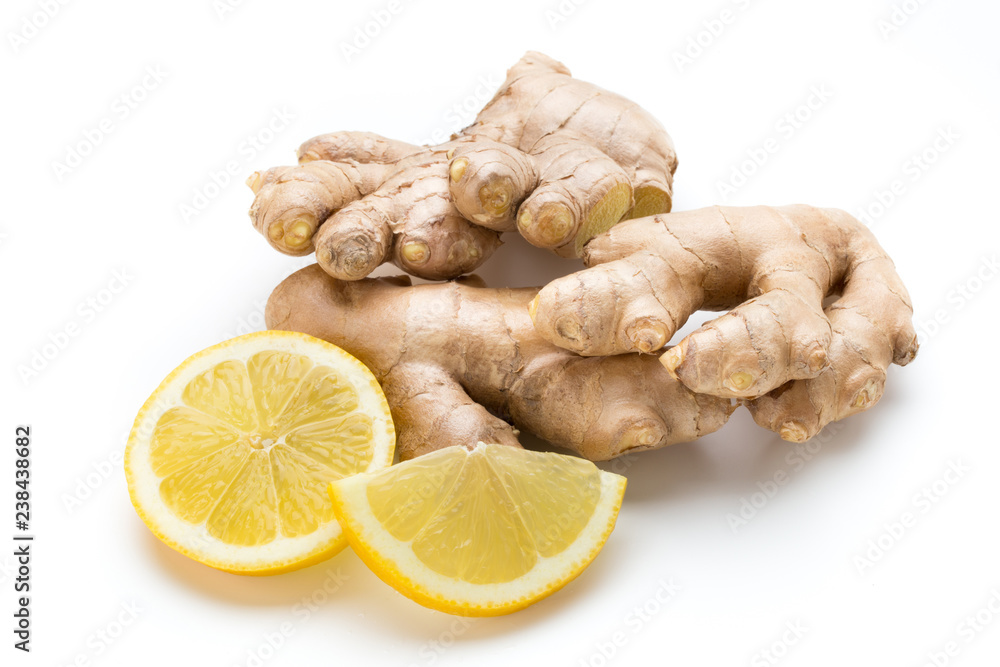 Ginger bio and lemon on white background. Ginger bio and lemon on white background.