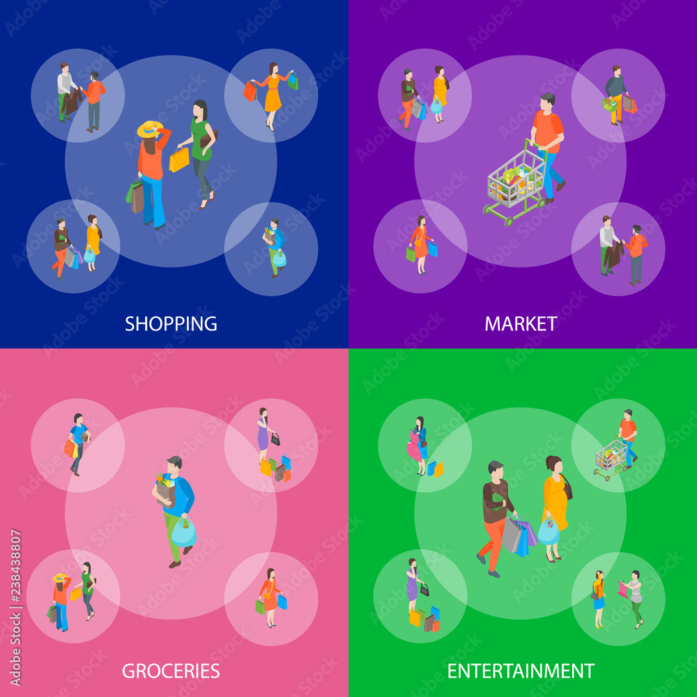 Shopping People 3d Banner Set Isometric View. Vector Shopping People 3d Banner Set Isometric View. Vector