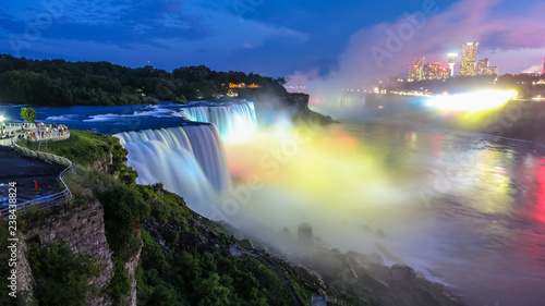 Niagara Falls closeup panorama by night. Ontario  Canada