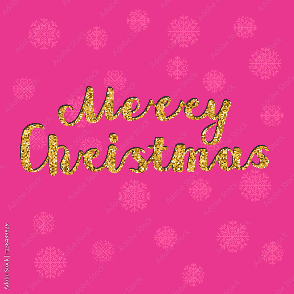 Merry Christmas greeting card with lettering of gold glitter and snowfall, snowflakes. Vector illustration.