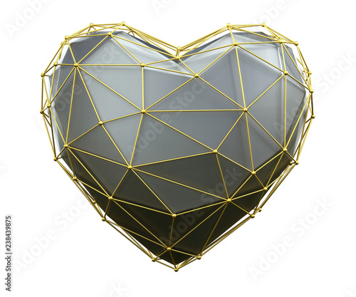 Heart made in low poly style silver color isolated on white background. 3d