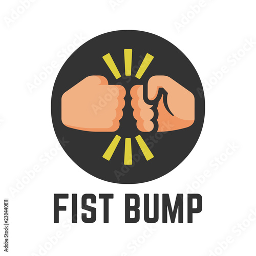 Vector concept fist bump flat icon in round button of two power hand or together punch for business dispute, human clash and impact illustration.