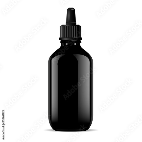 Black vial with dropper cap for medical or cosmetic products. Glossy glass or plastic bottle mockup. 3d vector design.