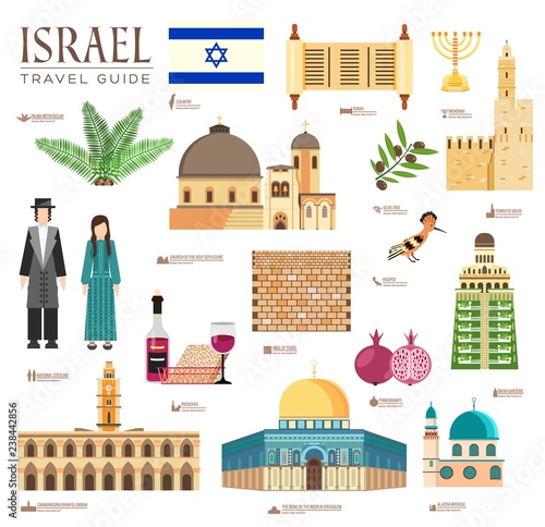Country Israel travel vacation guide of goods, places and features. Set of architecture, fashion, people, items, nature background concept. Infographic template design on flat style photo