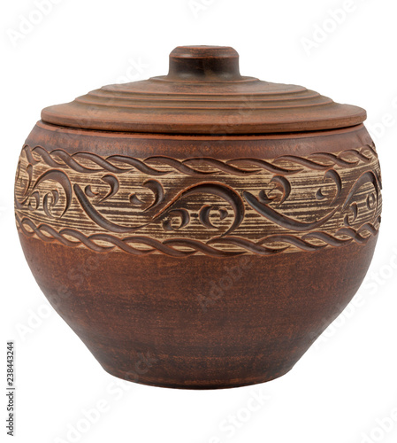 Rustic clay pot isolated on white background