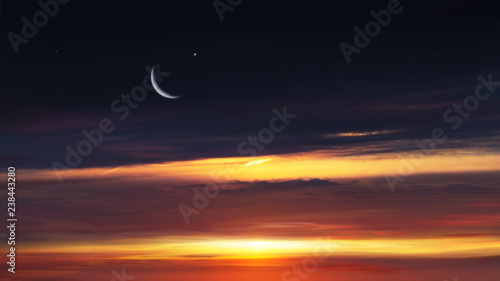 Obraz na płótnie Paradise heaven . Red sunset and moon . Ramadan background . Half moon and star . Beautiful star . Sunset and new moon . Beautiful sky w salonie