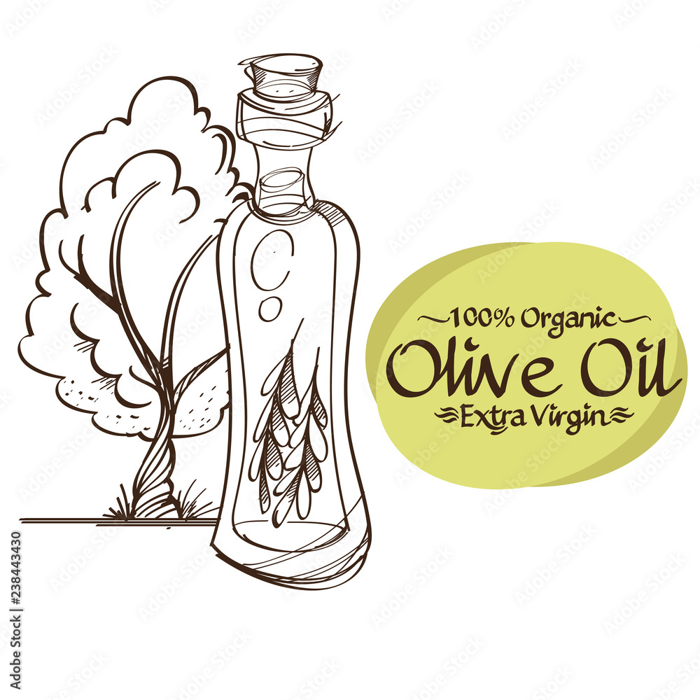 Olive branches and bottles with oil contour drawings for decoration of products. Olive branches and bottles with oil contour drawings for decoration of products.
