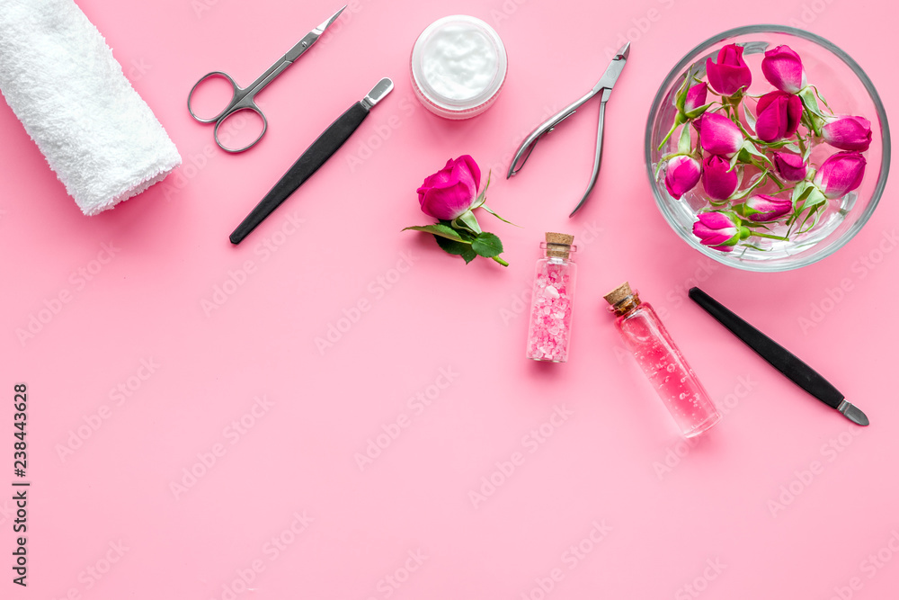 manicure and pedicure equipment for nail bar set on rose background top view mockup manicure and pedicure equipment for nail bar set on rose background top view mockup