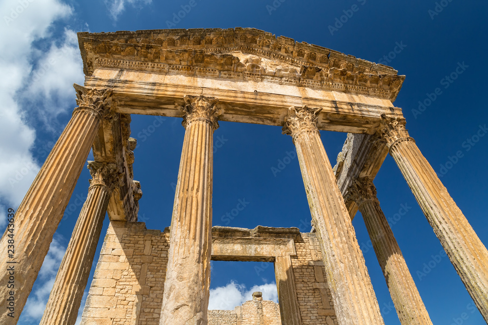 Ruins of Roman temples in Dougga, Tunisia. UNESCO world heritage site