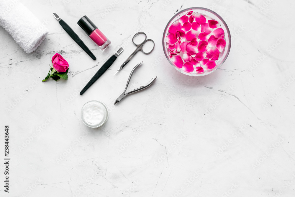 manicure and pedicure equipment for nail bar set on white stone background top view mockup manicure and pedicure equipment for nail bar set on white stone background top view mockup