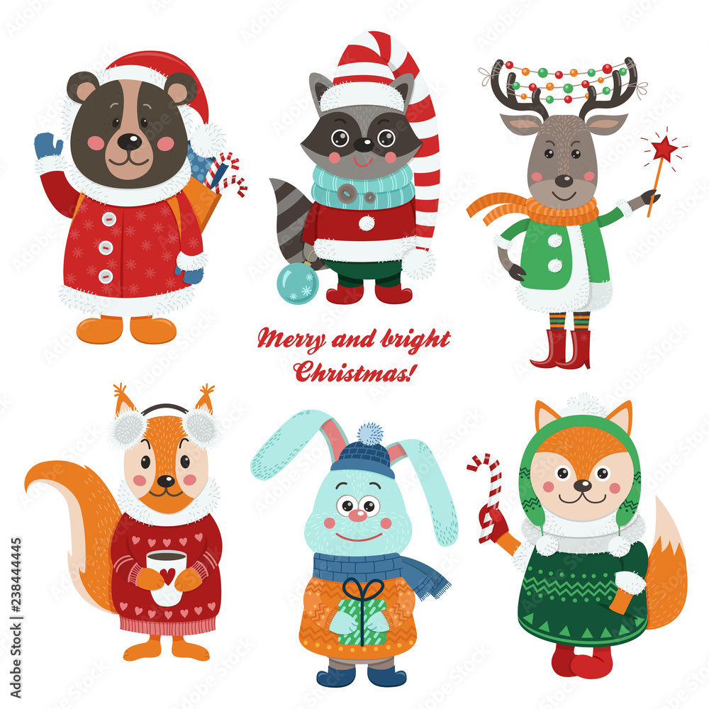 Christmas set with isolated cute forest animals dressed in winter clothes