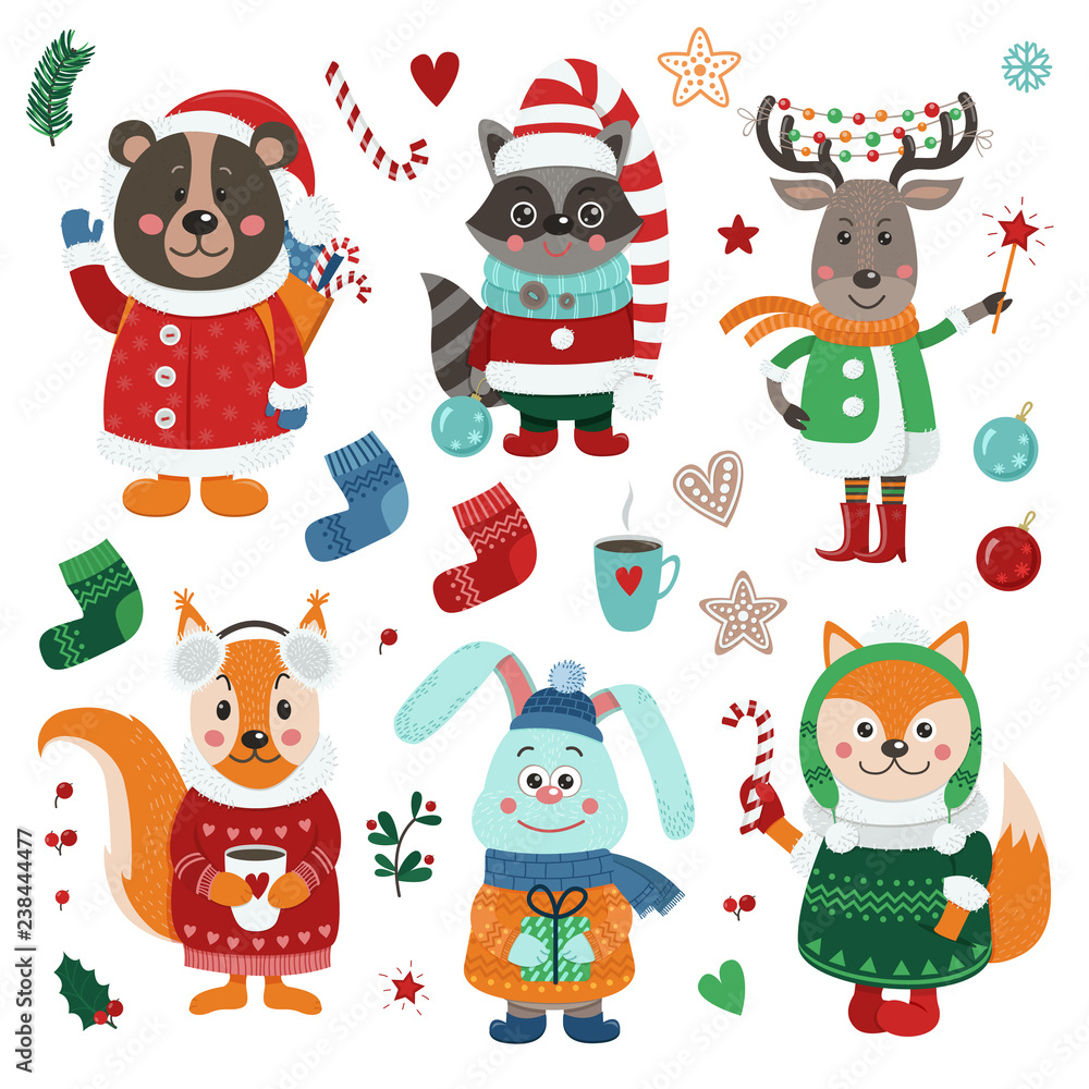 Obraz premium Christmas set with isolated cute forest animals dressed in winter clothes