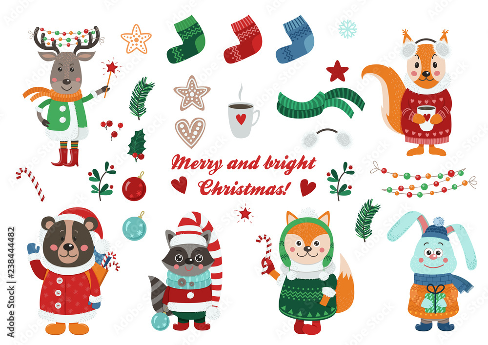 Big Christmas set with isolated cute forest animals dressed in winter clothes and christmas items Big Christmas set with isolated cute forest animals dressed in winter clothes and christmas items