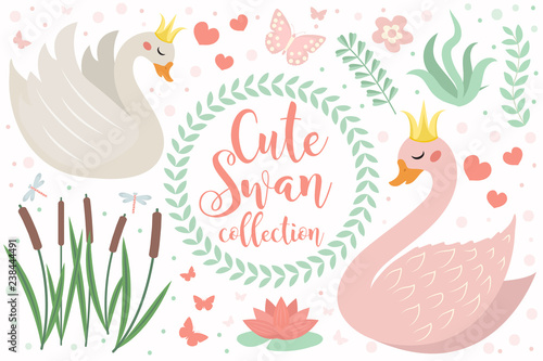 Fototapeta Naklejka Na Ścianę i Meble -  Cute swan princess character set of objects. Collection of design element with swans, reeds, water lily, flowers, plants. Kids baby clip art funny smiling animal. Vector illustration