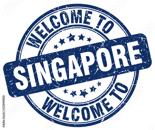 Photography welcome to Singapore blue round vintage stamp