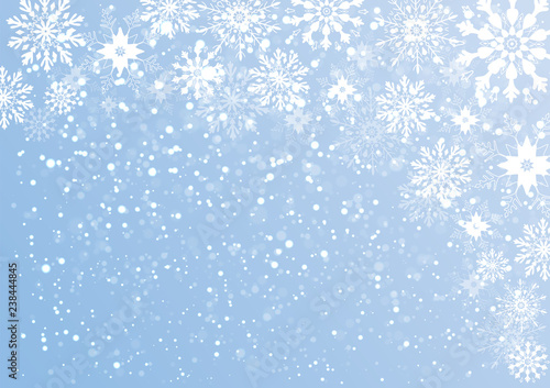 Light blue winter, stylized frame and background with snowflakes and stars. Vector illustration that can be used during holidays or on a card, invitation or new year. Flying border with snow elements.