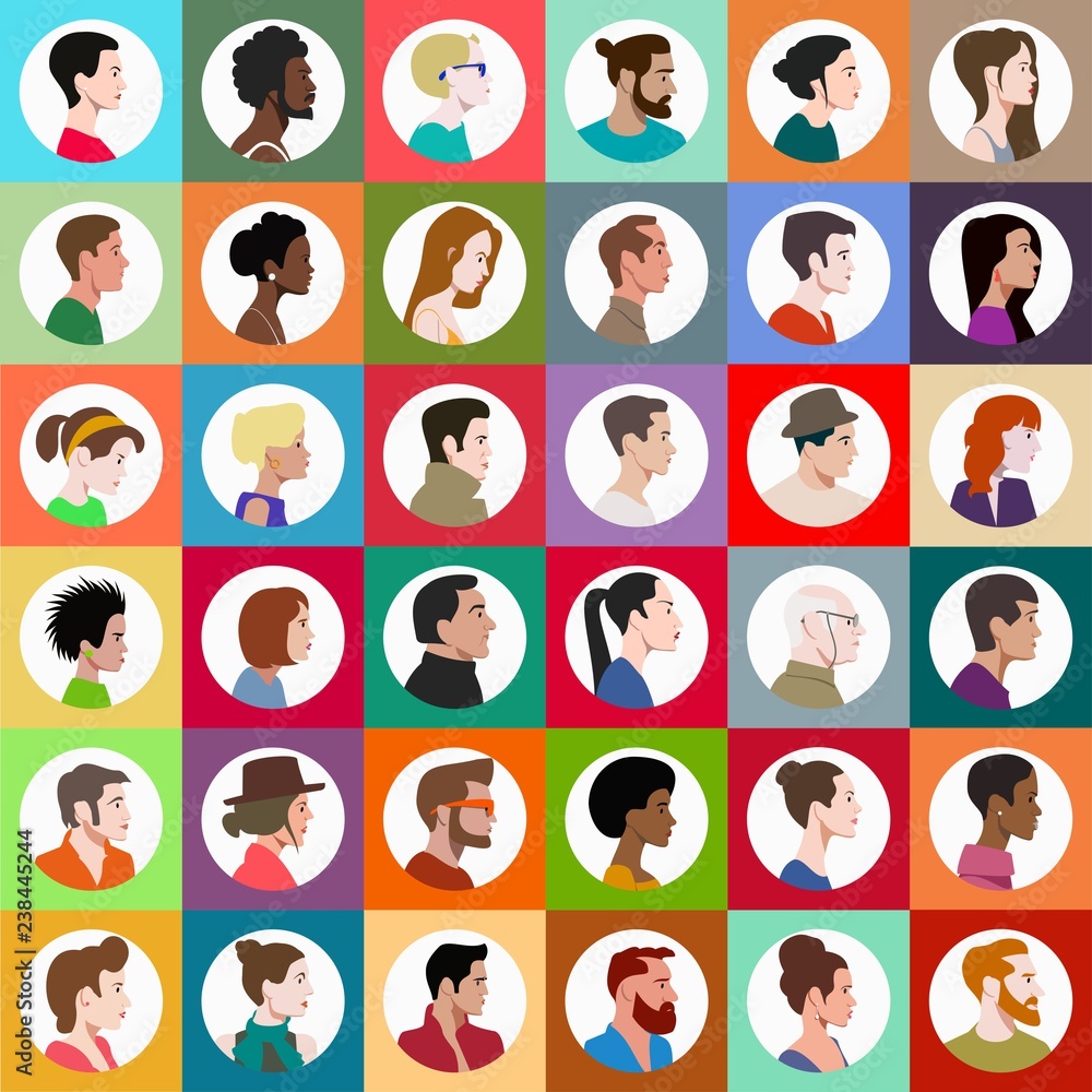 faces of people of different gender, different age and different races in profile, set faces of people of different gender, different age and different races in profile, set