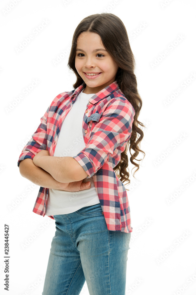 Kid girl long curly hair posing confidently. Girl curly hairstyle smiling  face feels confident. Child hold hands confidently crossed chest.  Upbringing confidence. Feel so confident with new hairstyle Stock Photo |  Adobe