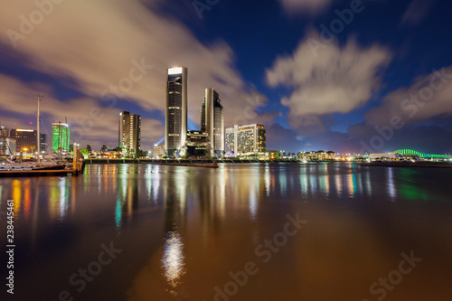 Harbor and cityscape of Corpus Christi at night in Texas