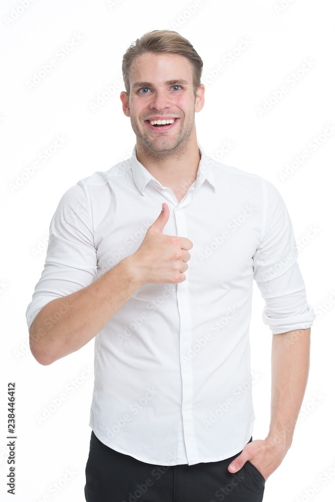 Guy shows thumbs up gesture. Excellent quality. Man confidently highly recommend white background. Guy with bristle recommend excellent item. Man shop consultant looks confident and hospitable Guy shows thumbs up gesture. Excellent quality. Man confidently highly recommend white background. Guy with bristle recommend excellent item. Man shop consultant looks confident and hospitable
