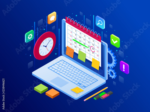 Online app on laptop business workflow, time management, planning, task app, teamwork and meeting.