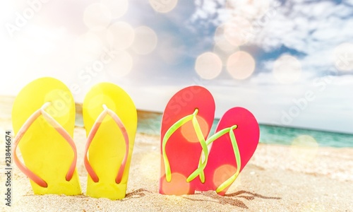 Pairs Of Flip-flops On Beach  vacation concept