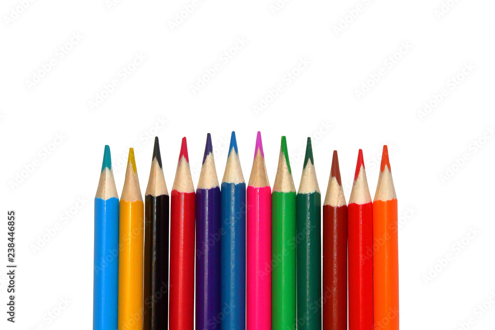 Color pencils on a white background. Close-up. Isolated object. Isolate. 12 pieces. Color pencils on a white background. Close-up. Isolated object. Isolate. 12 pieces.
