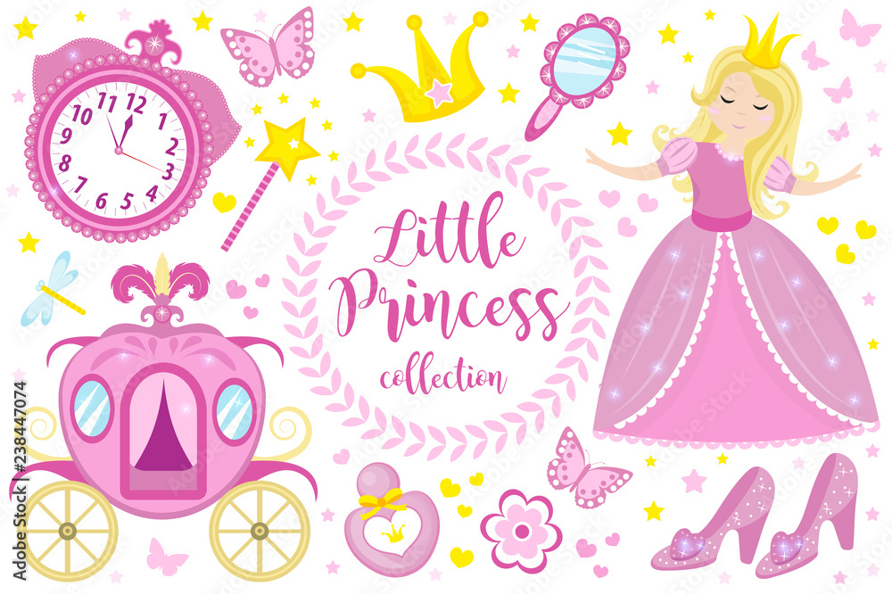 Little Princess cute pink set objects, icons cartoon style . Pretty girl in beautiful dress with a crown, carriage, mirror, perfume collection. Isolated on white background. Vector illustration. Little Princess cute pink set objects, icons cartoon style . Pretty girl in beautiful dress with a crown, carriage, mirror, perfume collection. Isolated on white background. Vector illustration.