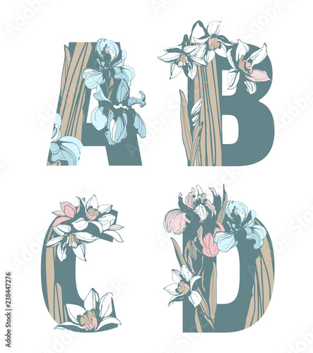 Decorative set of floral pattern flowers letters alphabet abc font.
