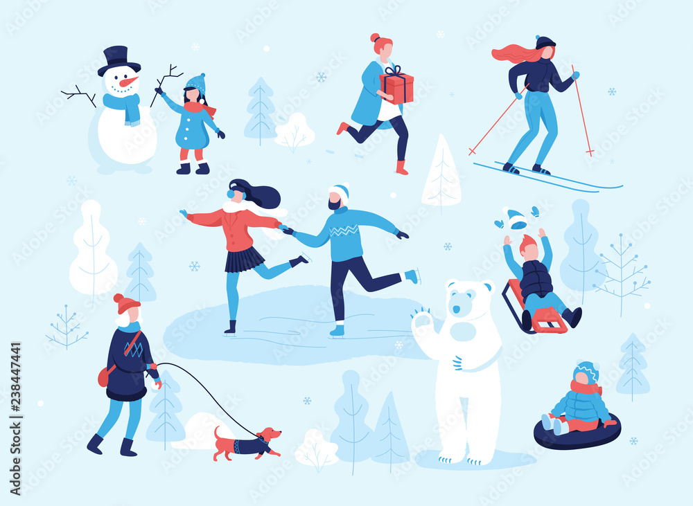 People in the park having fun and winter activities, skiing, skating, girl walking the dog, child making a snowman, children sledding on mountain slope. Couple on skate rink. Winter mood flat concept.