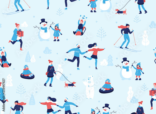 Winter sports outdoors seamless pattern. People having fun and winter activities in the park, skiing, skating, snowboarding, walking the dog, making a cute snowman, cartoon characters in flat design.