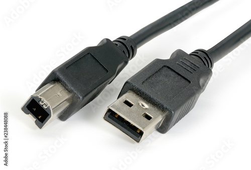 Usb 2.0 black cable with type B connector on white